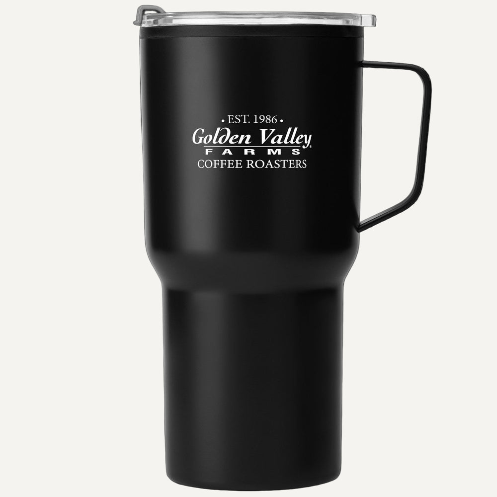 Black insulated mug with 'Golden Valley Farms Coffee Roasters' logo on a white background